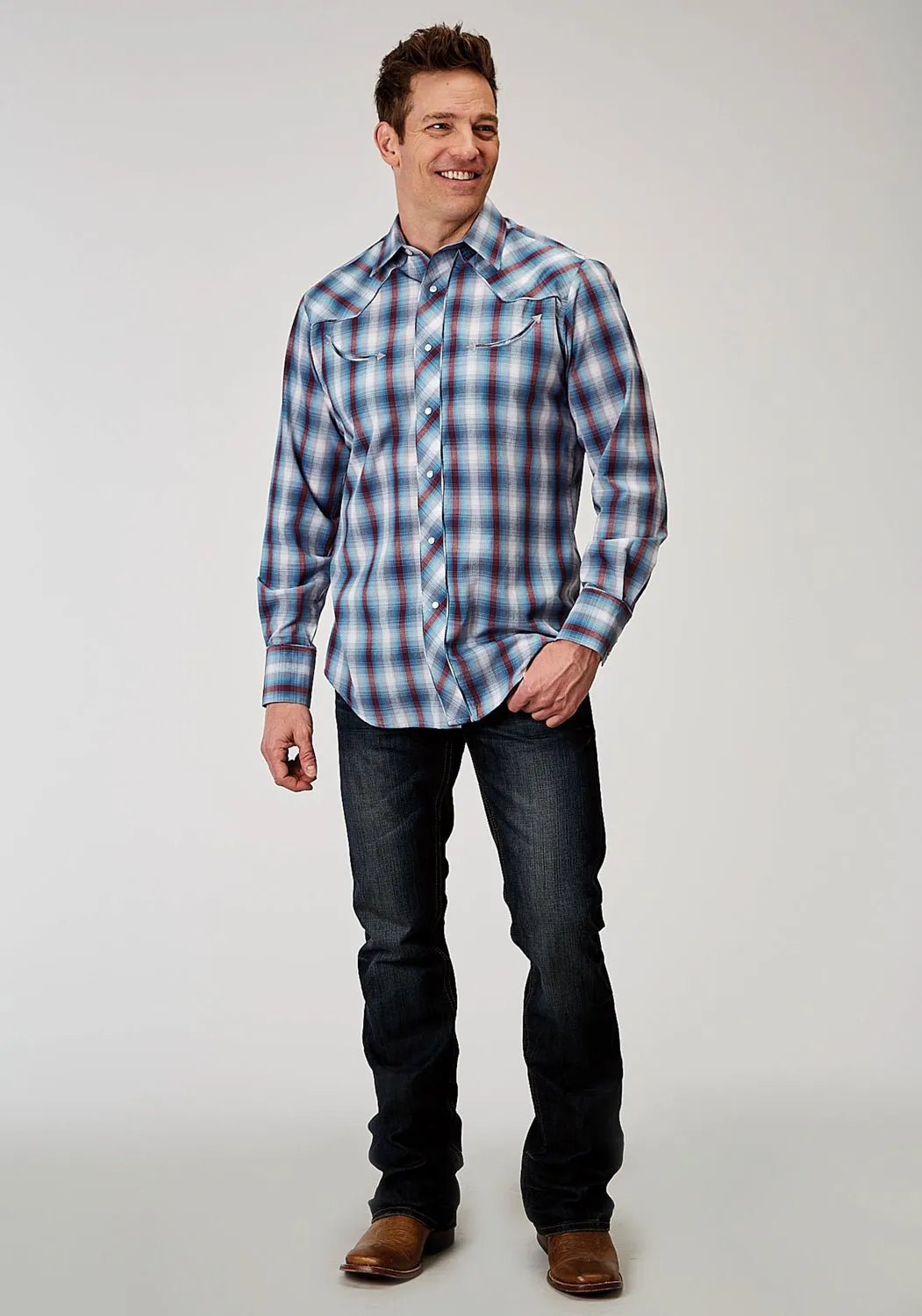 Roper Mens Americana Plaid Bull Grey Cotton Blend L/S Shirt Everyday Look Fall Fashion
