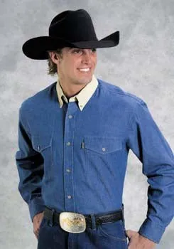 Roper Mens Basics Blue 100% Cotton L/S Tall Denim Contrast Western Shirt mix and match
