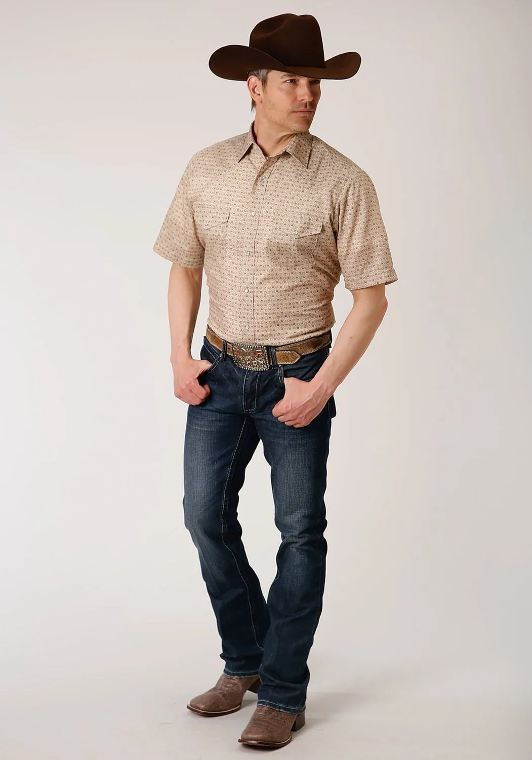 Roper Mens Beige/Rust Cotton Blend Vintage Floral S/S Shirt Rugged Style