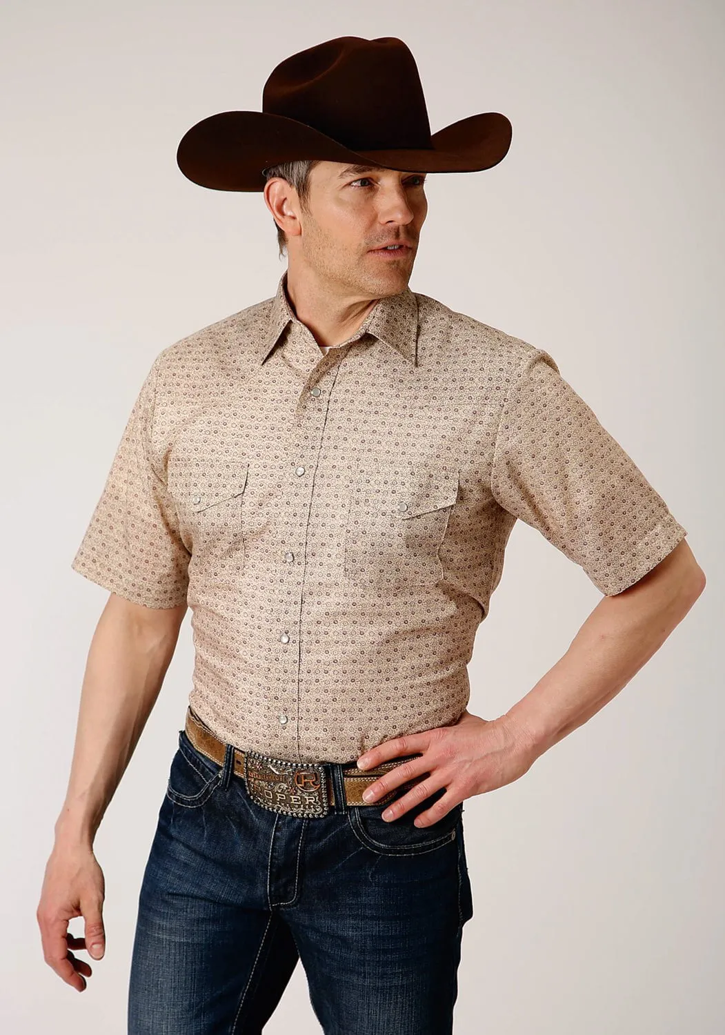 Roper Mens Beige/Rust Cotton Blend Vintage Floral S/S Shirt Versatile Layer elegant design
