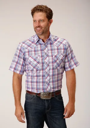 Roper Mens Berry Plaid White Cotton Blend S/S Shirt Trendy Design No Bulk Layering System Chill Layer Roper Mens Berry Plaid White Cotton Blend S/S Shirt