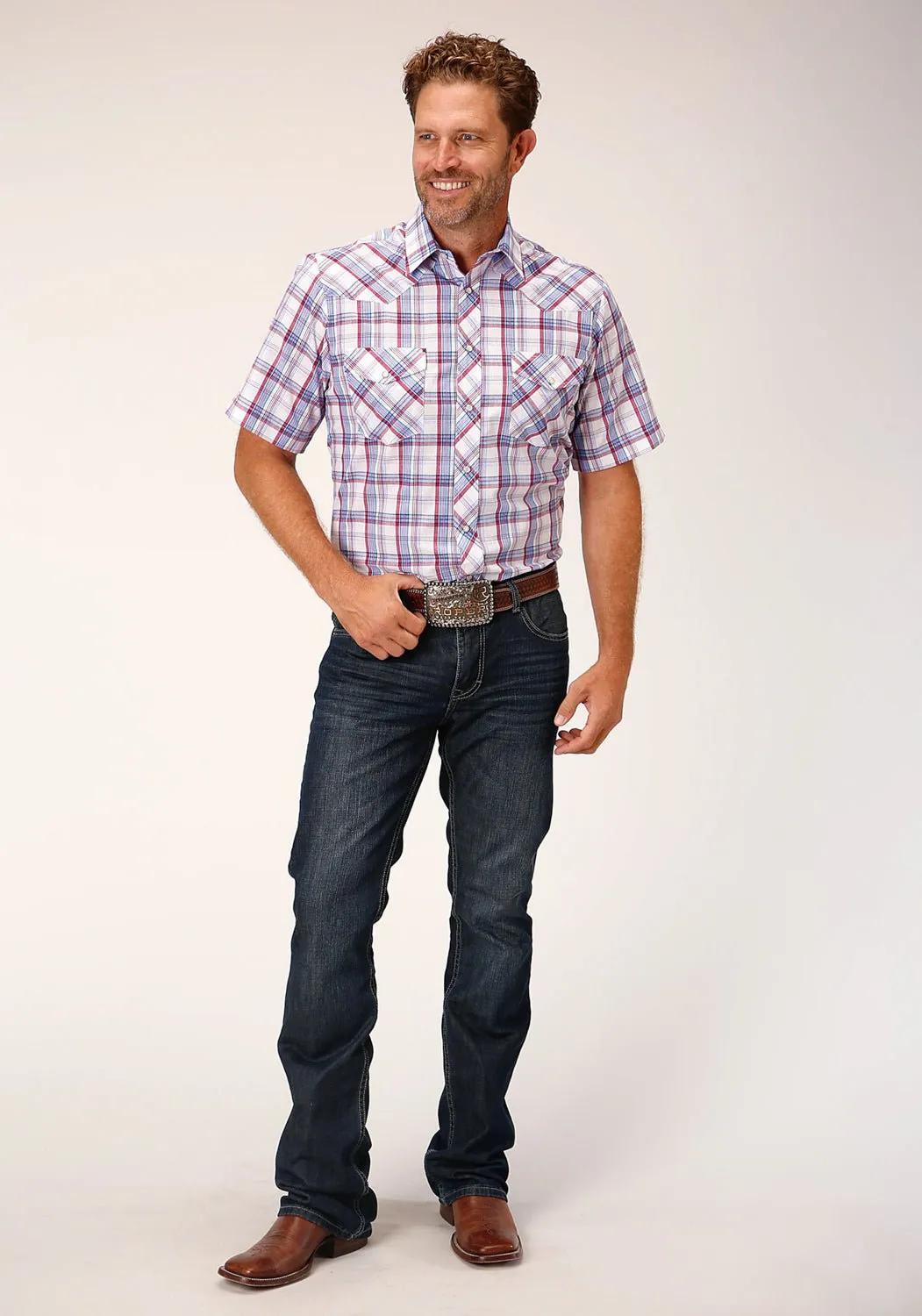 Multipocket Style Roper Mens Berry Plaid White Cotton Blend S/S Shirt