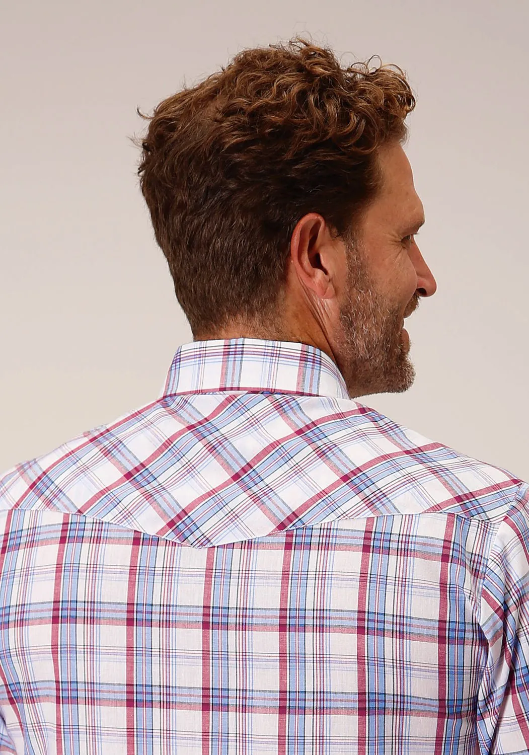 Seamless construction Mesh Insert Roper Mens Berry Plaid White Cotton Blend S/S Shirt