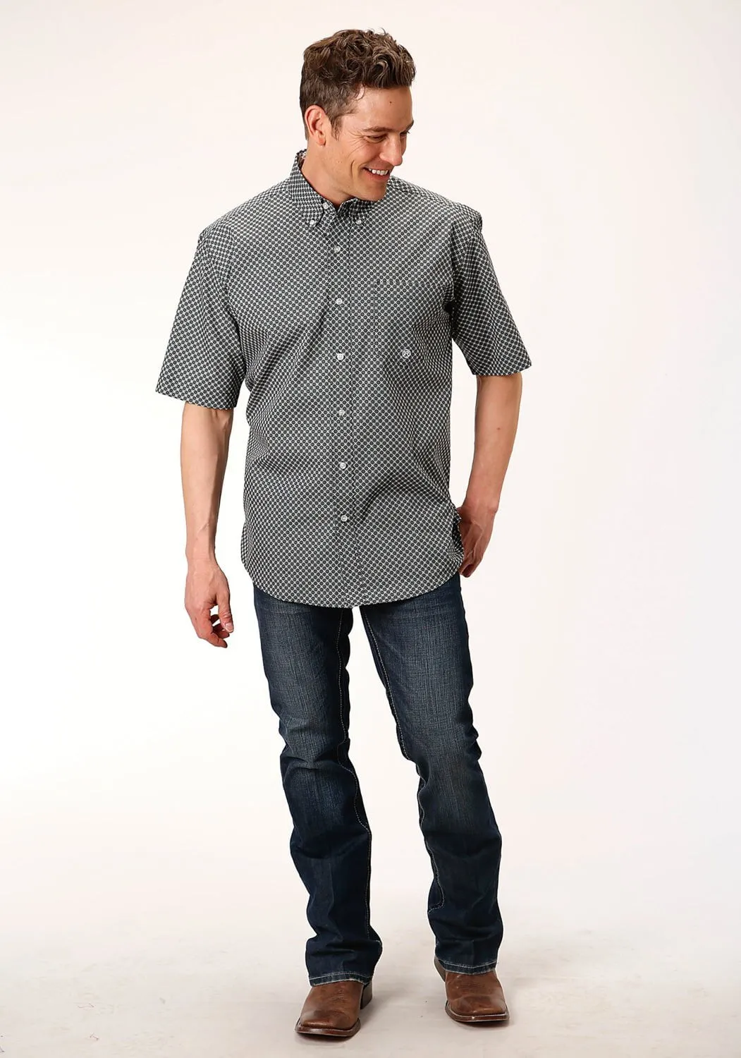 Date night Relaxed Design Roper Mens Black 100% Cotton Diamond Star Geo BD S/S 1 Pocket Shirt
