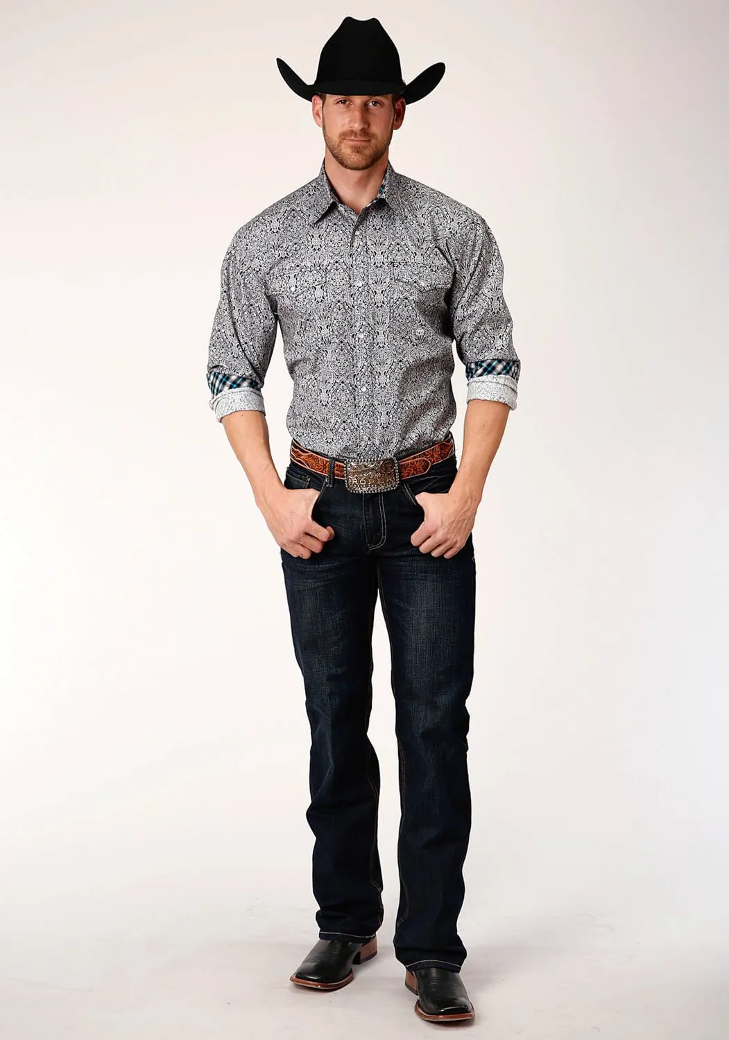 Roper Mens Black 100% Cotton Medallion Paisley L/S Tall Shirt Reinforced Shoulders Dressy look