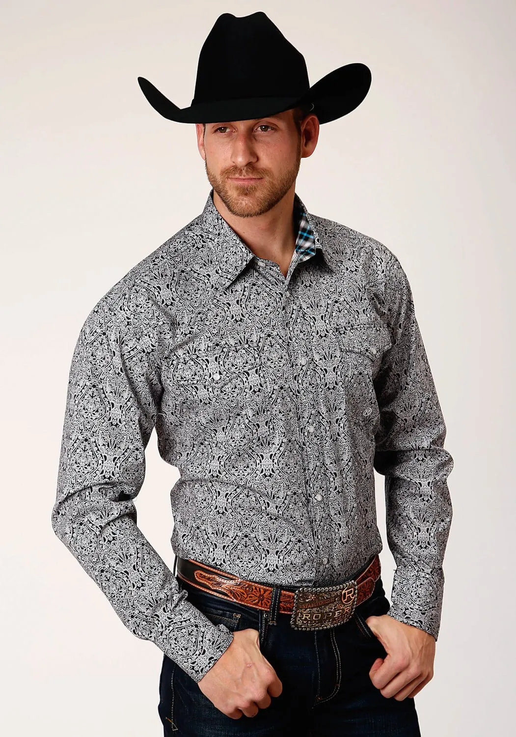 Roper Mens Black 100% Cotton Medallion Paisley L/S Tall Shirt Classic Fit Low Profile Pocket Design