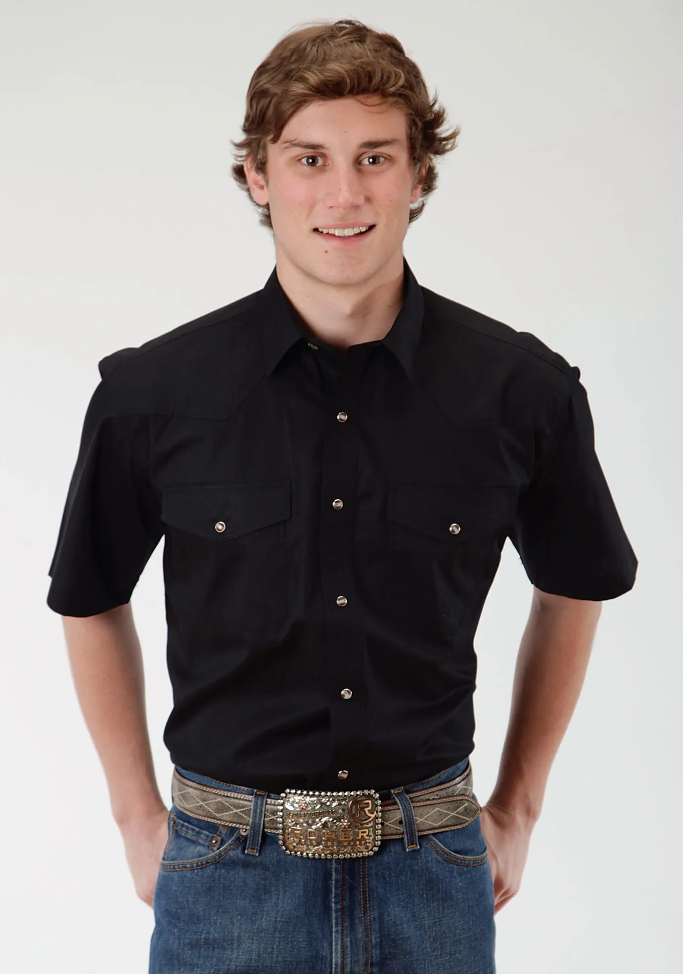 V-neck style Roper Mens Black 100% Cotton S/S Shirt