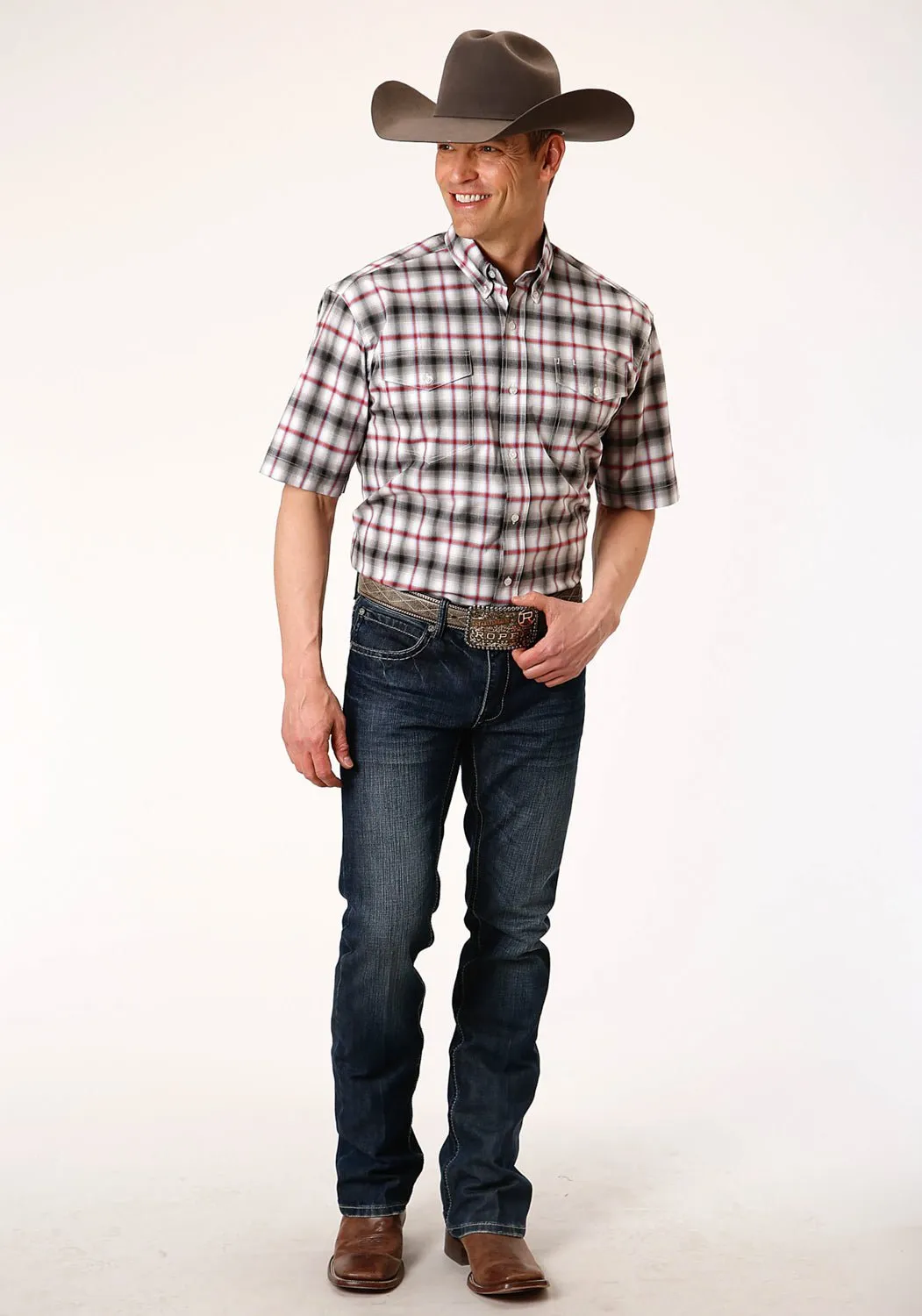 High-Quality Fabric Trendy Comfort Roper Mens Black Cotton Blend Ombre Stretch BD S/S 2 Pocket Shirt
