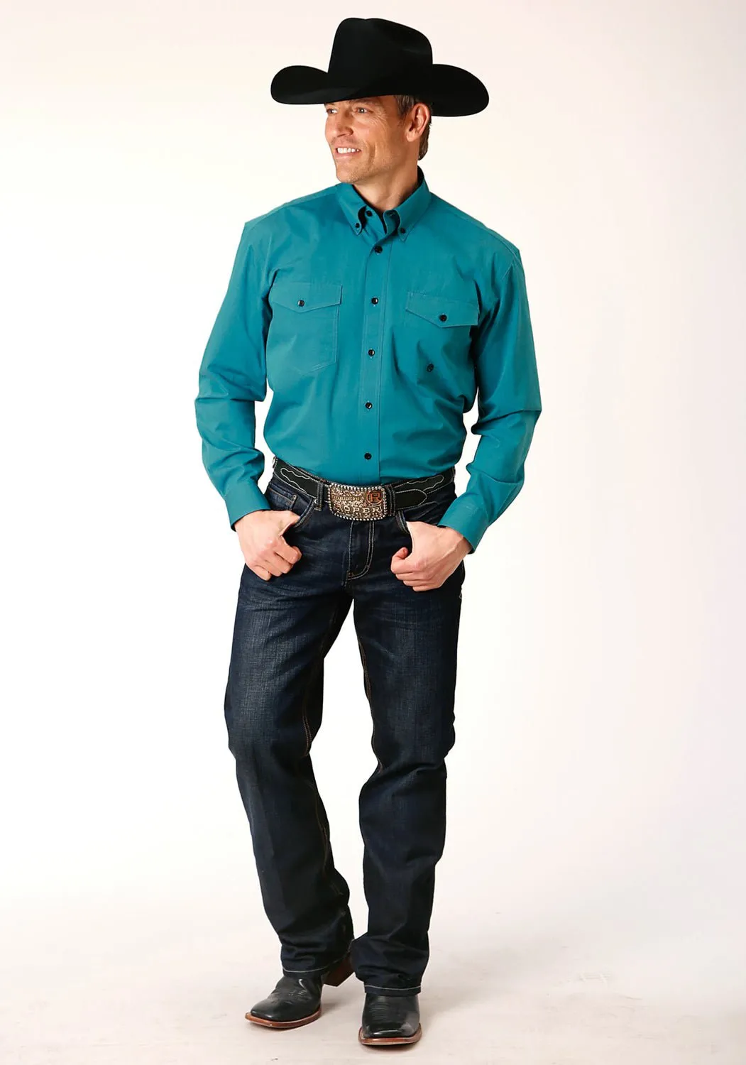 Roper Mens Black Fill Button Teal 100% Cotton L/S Shirt Minimal Look Tagless Design