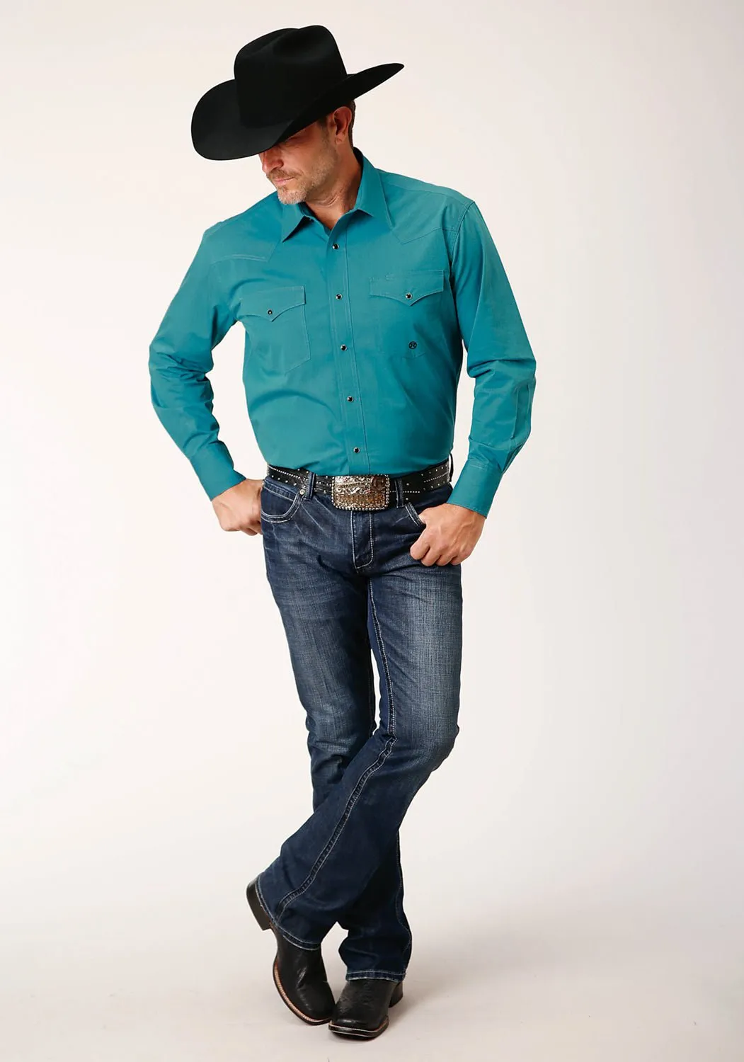 Roper Mens Black Fill Snap Teal 100% Cotton L/S Shirt Smooth Texture