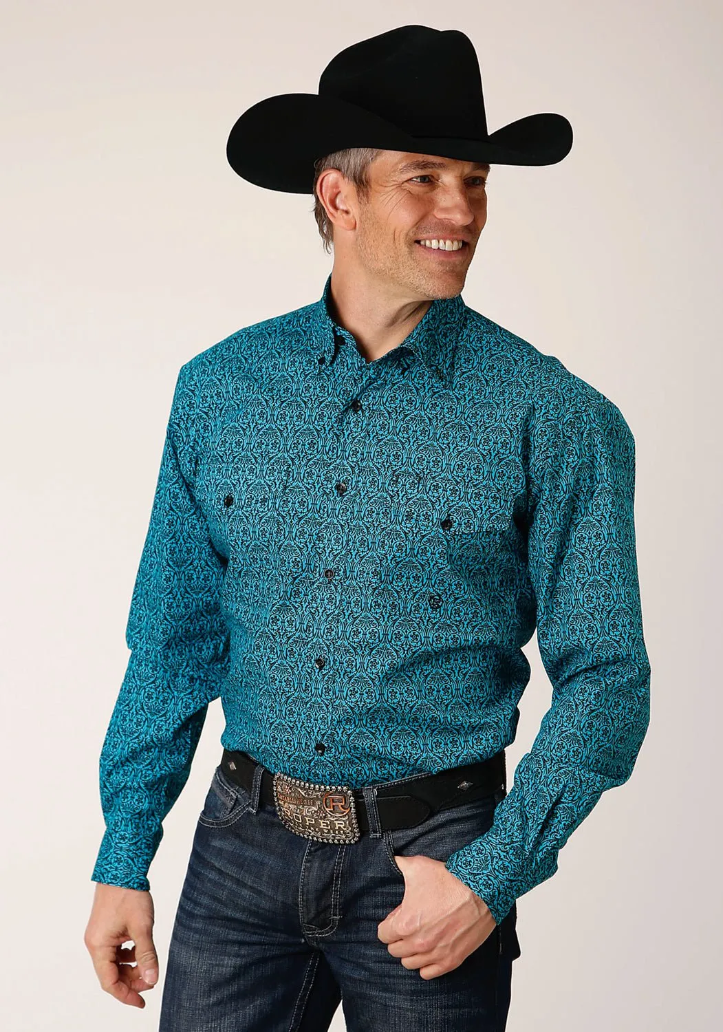 Roper Mens Black Fill Teal 100% Cotton L/S Shirt Networking Session Party Ready