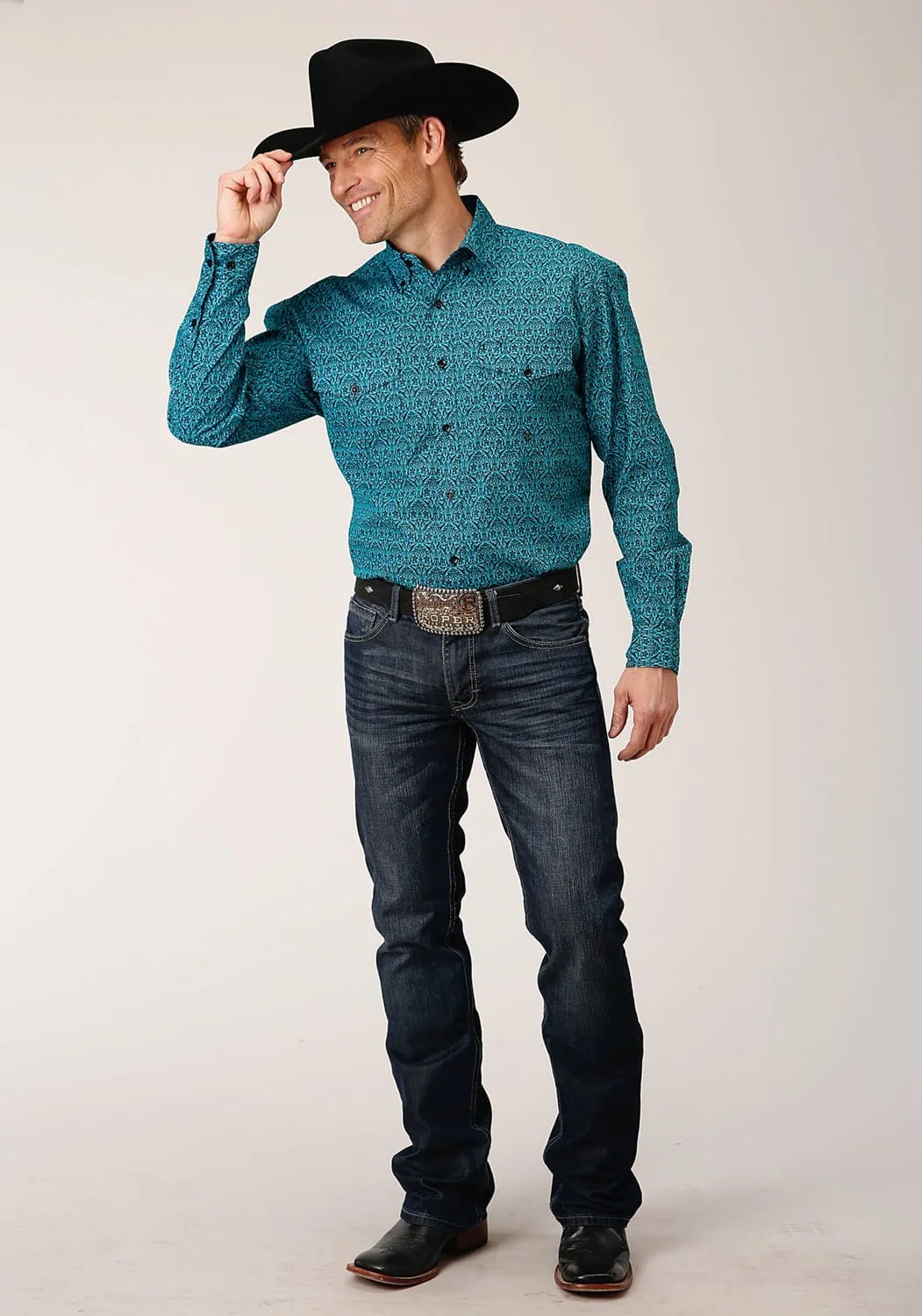 Roper Mens Black Fill Teal 100% Cotton L/S Shirt Ergonomic Sleeve Cut Youthful Appeal