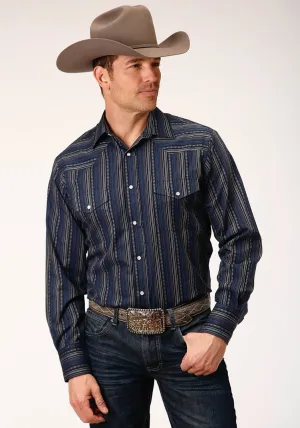 Roper Mens Black/Blue Cotton Blend Stripe L/S Shirt Comfortable Material Roper Mens Black/Blue Cotton Blend Stripe L/S Shirt Classic Look