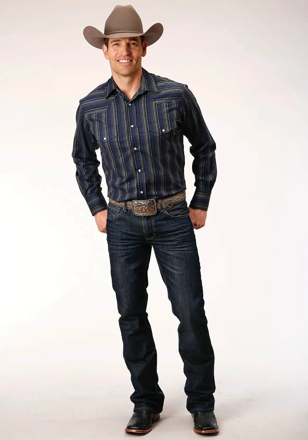 Roper Mens Black/Blue Cotton Blend Stripe L/S Shirt Active Comfort Fashion Comfort