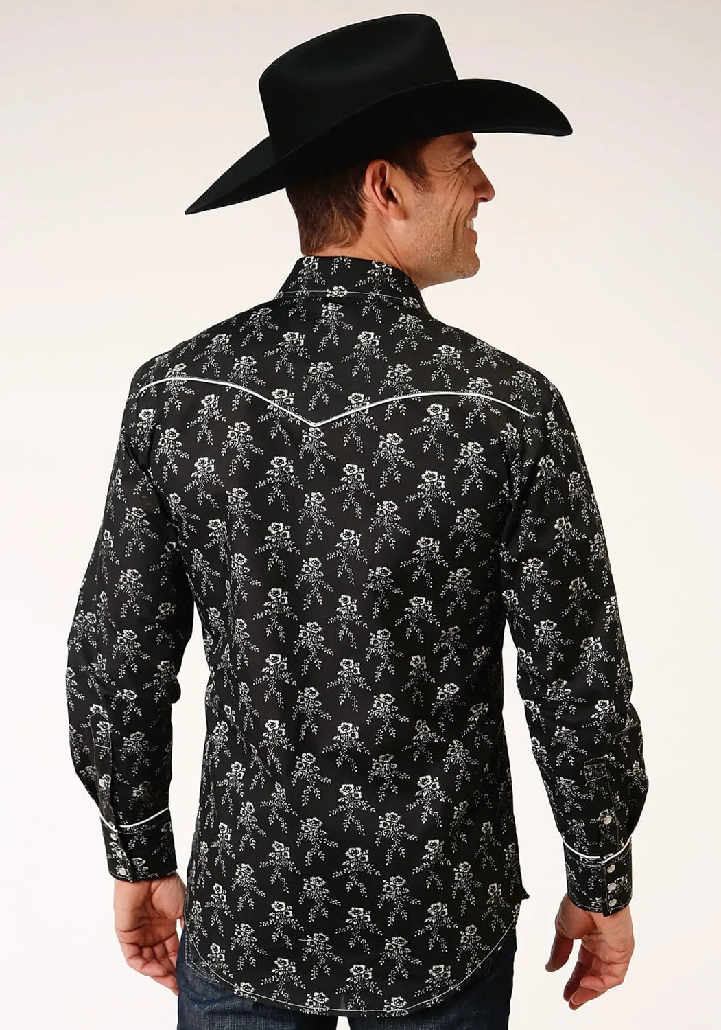 Checkered Print Polka Dot Roper Mens Black/Cream Cotton Blend Floral L/S Shirt