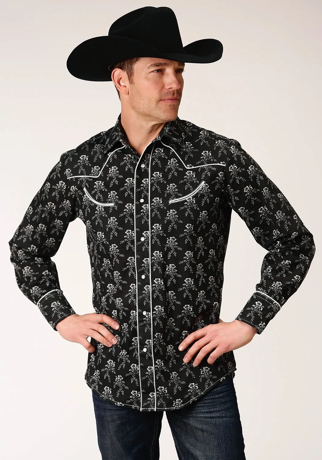 Ergonomic Sleeve Cut Chilly Weather Wear Roper Mens Black/Cream Cotton Blend Floral L/S Shirt