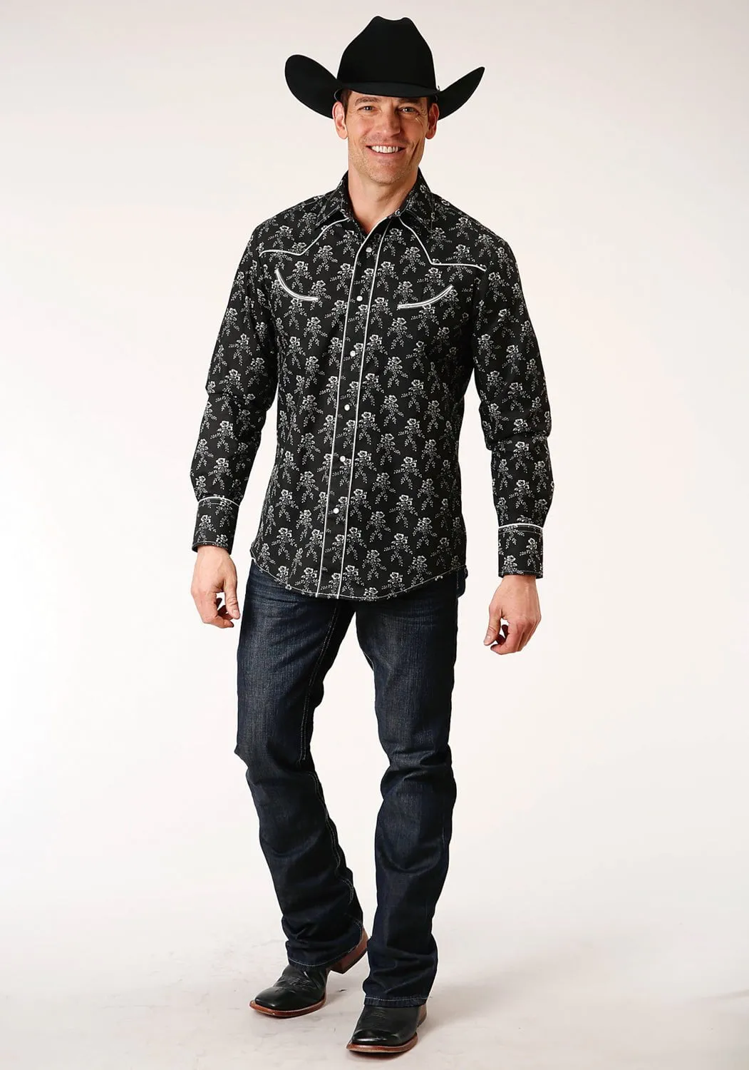 Roper Mens Black/Cream Cotton Blend Floral L/S Shirt Luxury Feel