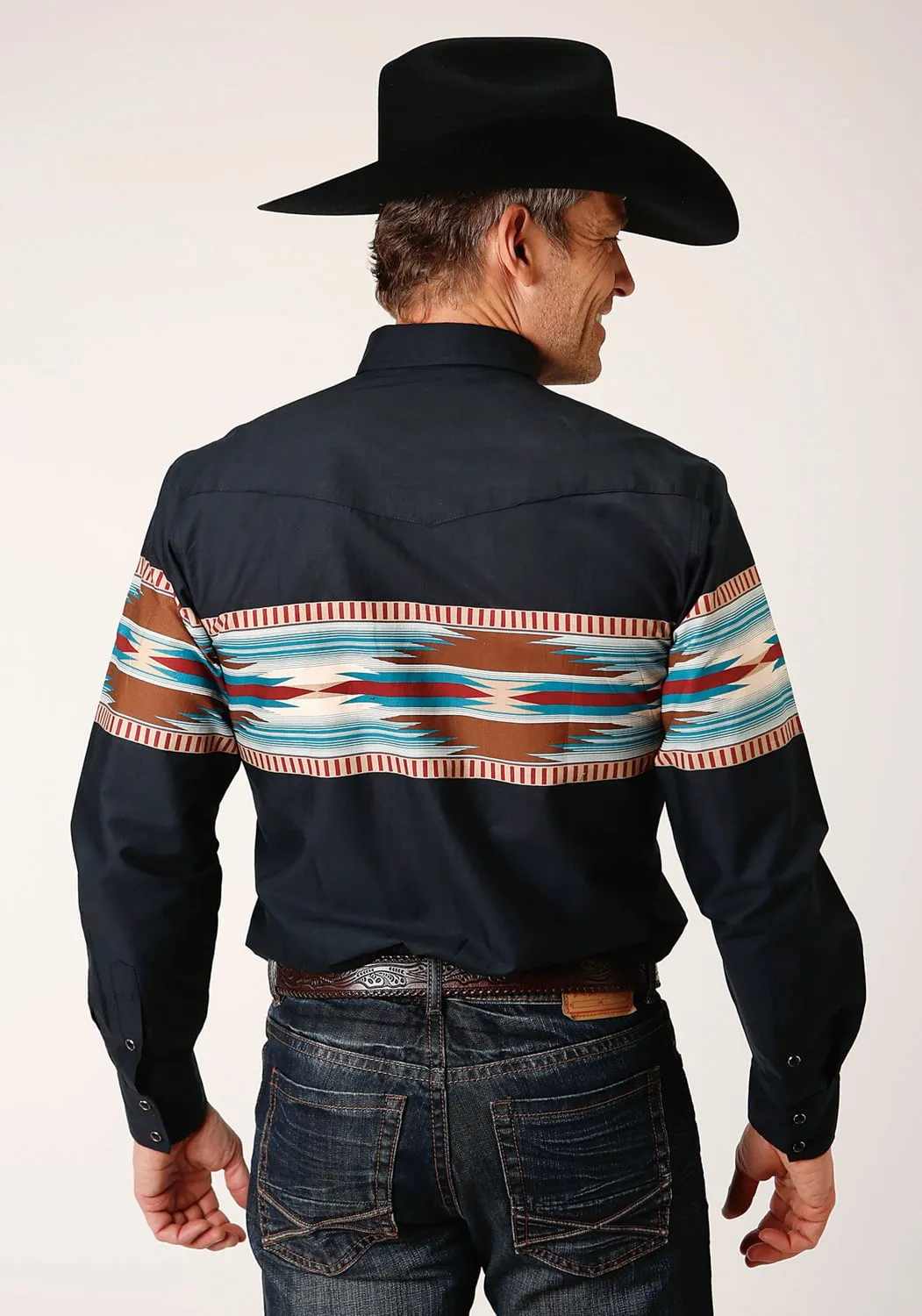 Roper Mens Blanket Aztec Border Black 100% Cotton L/S Shirt Non Static Finish