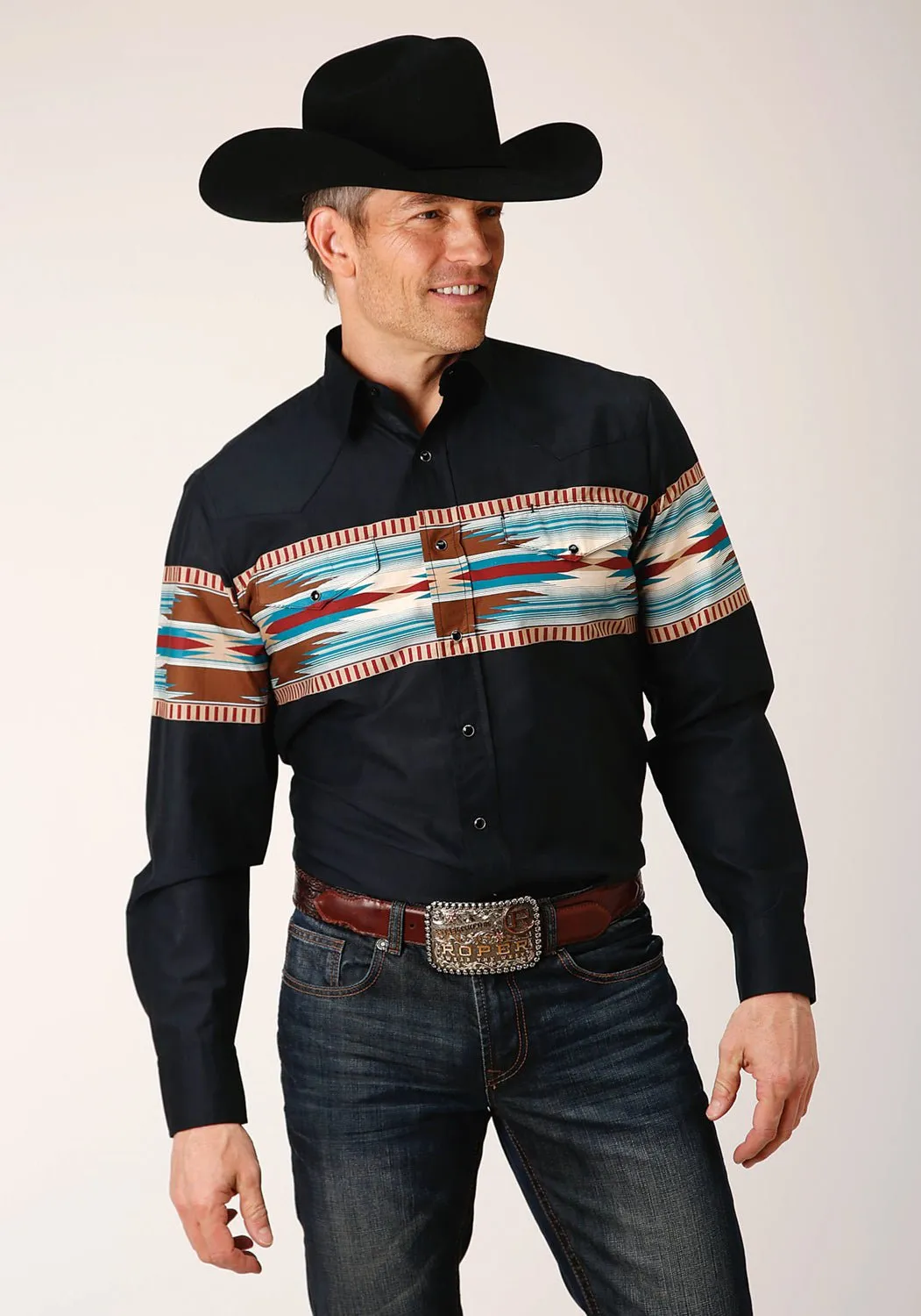 Roper Mens Blanket Aztec Border Black 100% Cotton L/S Shirt decorative element