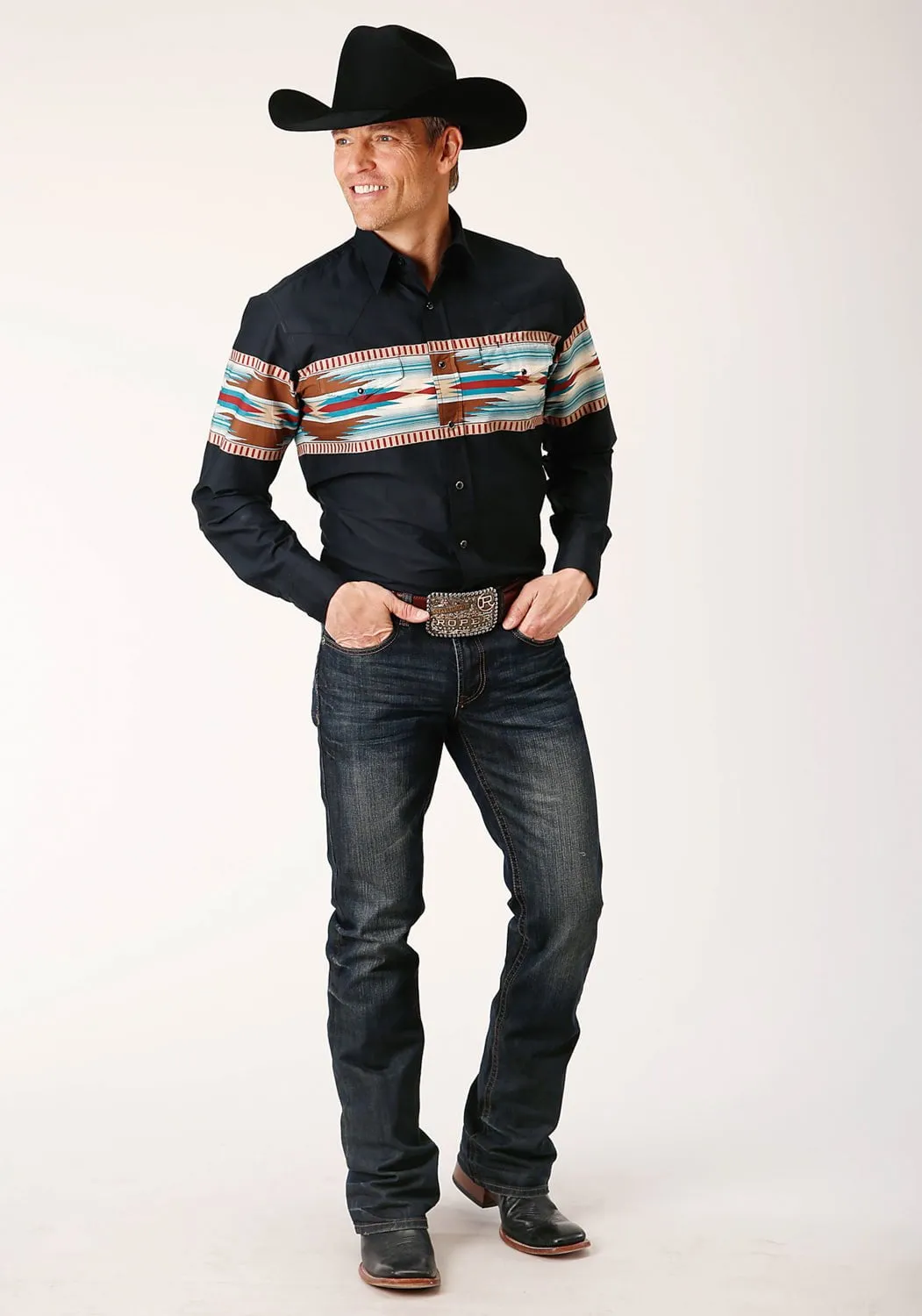 Oversized style Versatile Design Roper Mens Blanket Aztec Border Black 100% Cotton L/S Shirt