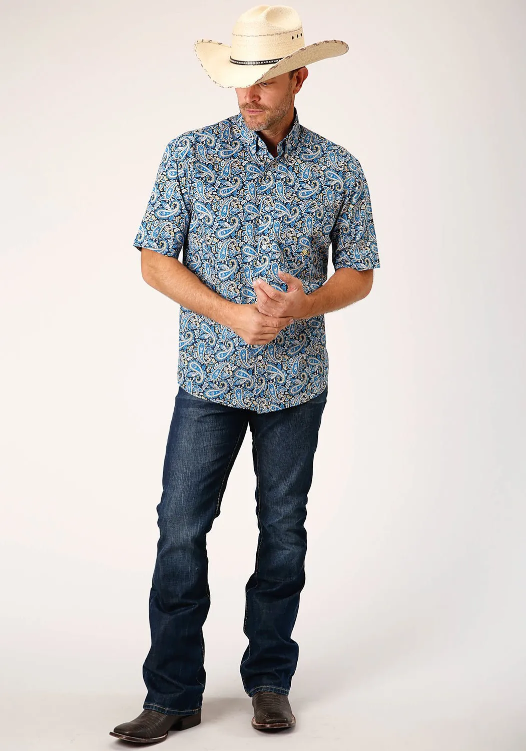 Roper Mens Blue 100% Cotton Amarillo Paisley BD S/S 1 Pkt Shirt Timeless elegance adult clothing