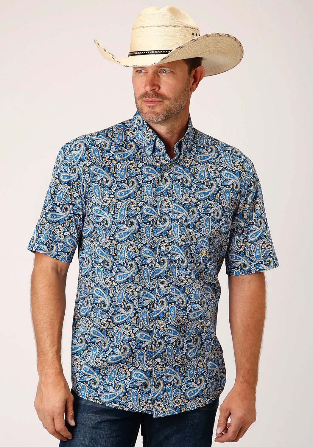 Beach Attire Roper Mens Blue 100% Cotton Amarillo Paisley BD S/S 1 Pkt Shirt