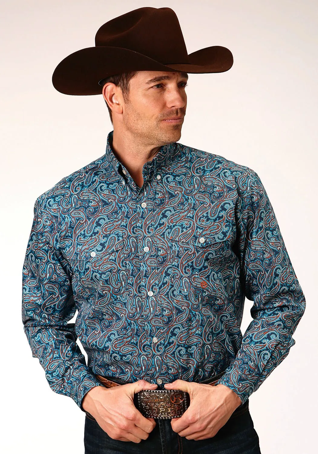 Breathable mesh Roper Mens Blue 100% Cotton Canyon Paisley BD L/S Btn Shirt