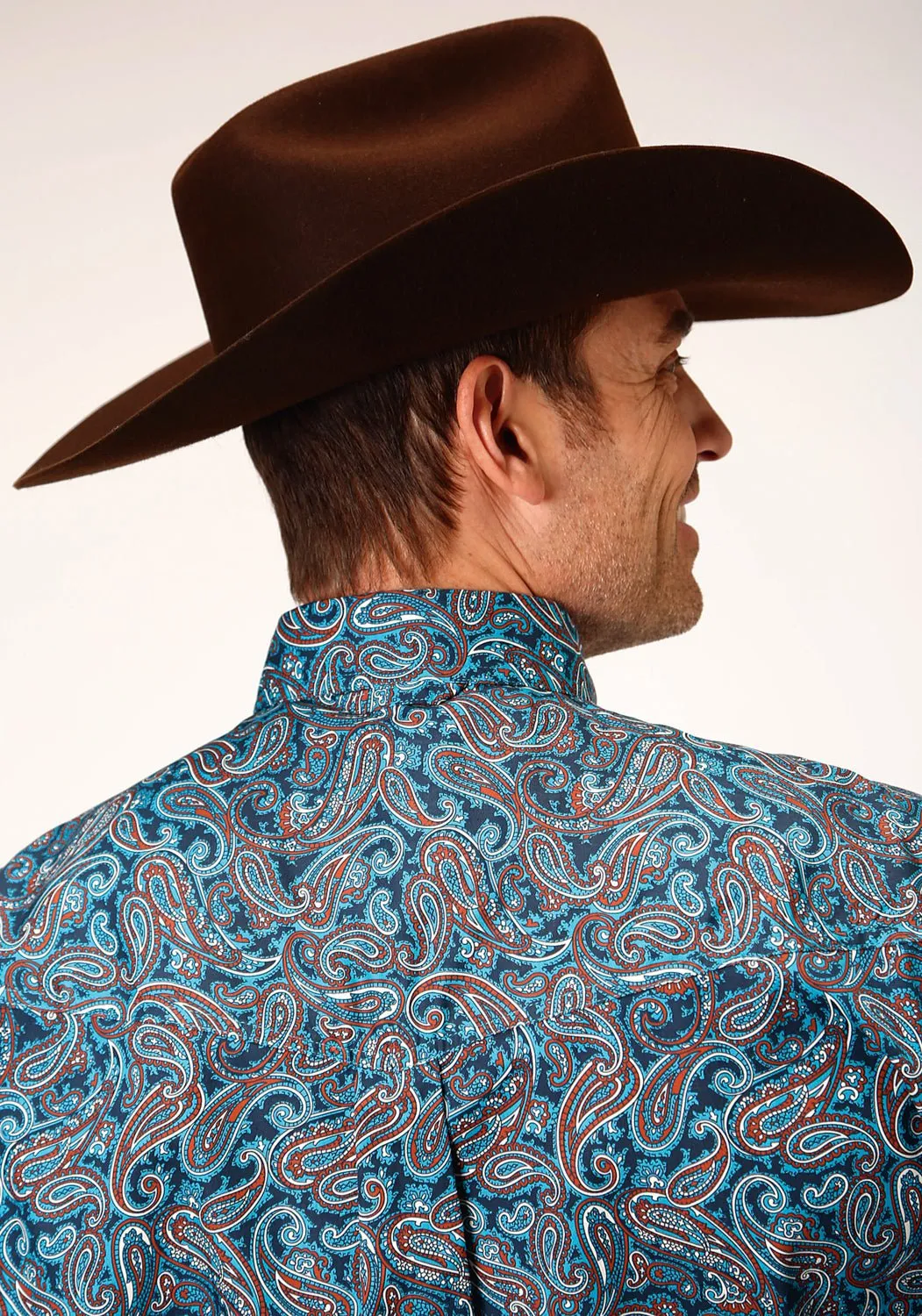 Formal Elegance Roper Mens Blue 100% Cotton Canyon Paisley BD L/S Btn Shirt