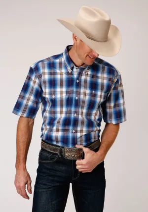 Roper Mens Blue 100% Cotton Royal Plaid BD S/S Button Shirt Temperature Regulating Moisture Wicking Layer Odor Control Technology Roper Mens Blue 100% Cotton Royal Plaid BD S/S Button Shirt