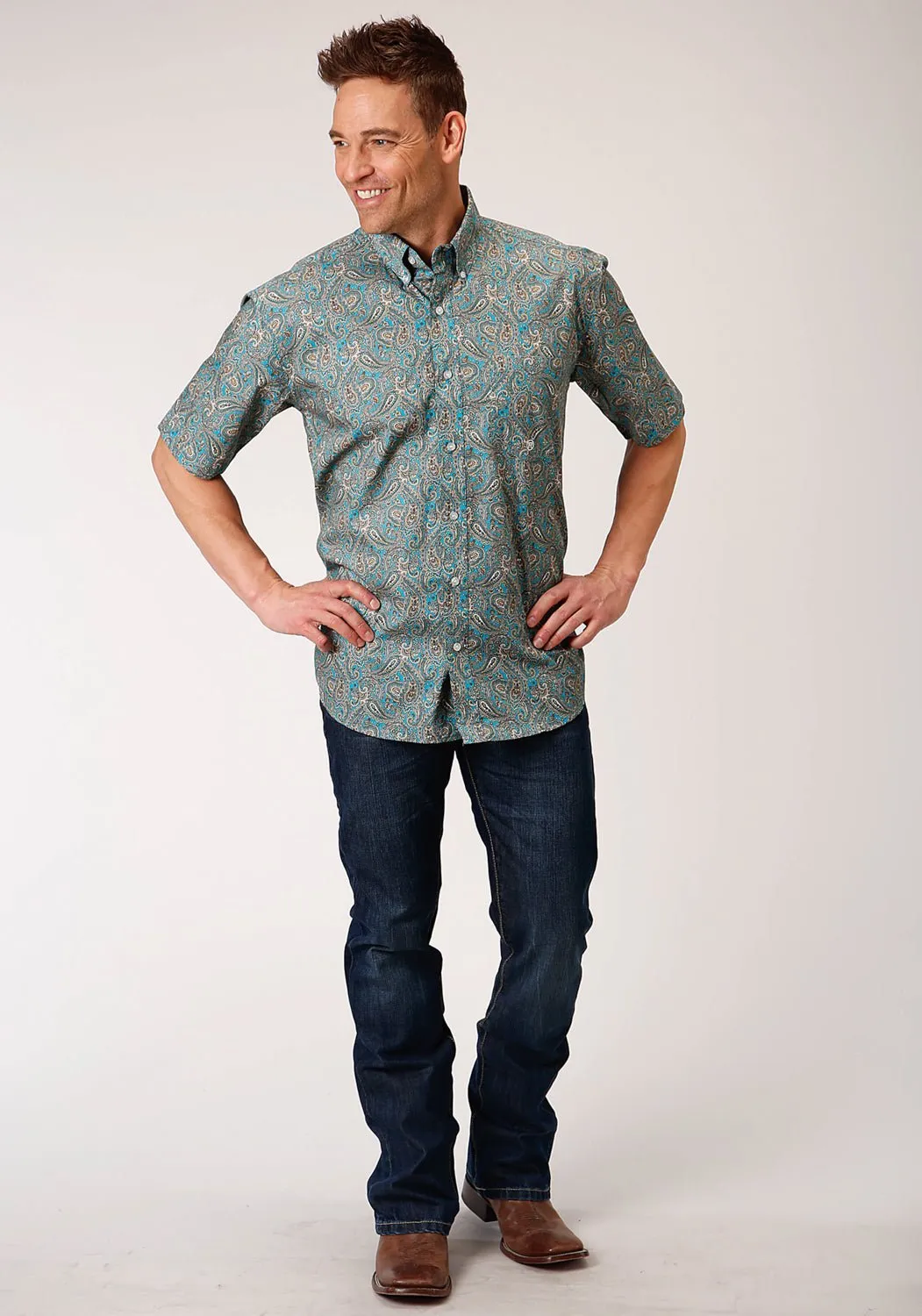 Roper Mens Blue 100% Cotton Saddle Paisley BD S/S 1 Pkt Shirt Versatile Piece