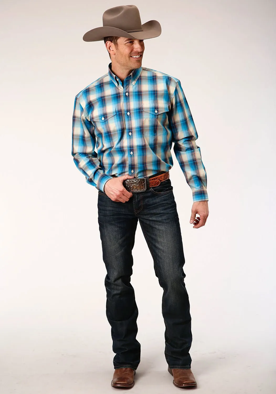 Roper Mens Blue 100% Cotton Sunset Plaid BD L/S Button Shirt Pre Shrunk Cotton Blend