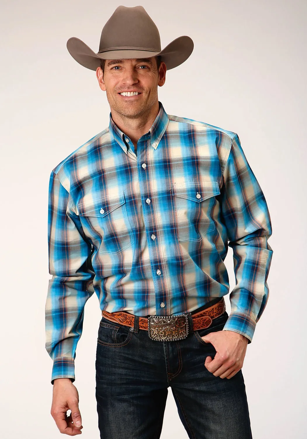 High Density Weave Seamless Side Panels Roper Mens Blue 100% Cotton Sunset Plaid BD L/S Button Shirt