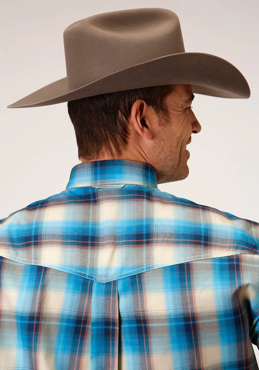 Cool Comfort Yoke Design Roper Mens Blue 100% Cotton Sunset Plaid BD L/S Button Shirt