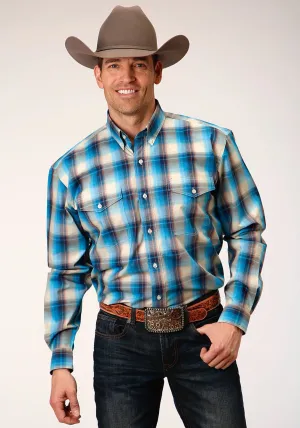 Roper Mens Blue 100% Cotton Sunset Plaid BD L/S Button Shirt Side slits Roper Mens Blue 100% Cotton Sunset Plaid BD L/S Button Shirt Cool Comfort