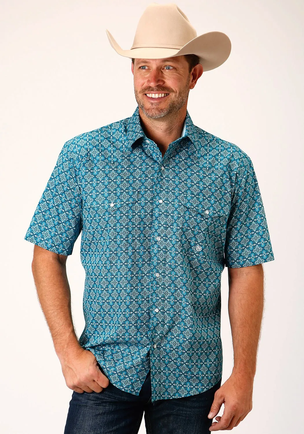 Seamless Shoulder Roper Mens Blue 100% Cotton Victorian Foulard S/S Shirt