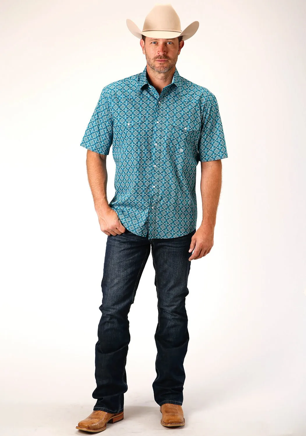 Year-Round Wear Classic Collar Roper Mens Blue 100% Cotton Victorian Foulard S/S Shirt