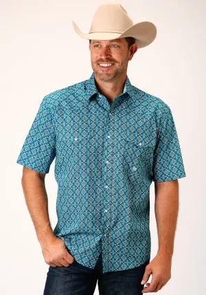 Roper Mens Blue 100% Cotton Victorian Foulard S/S Shirt Anti-pilling Roper Mens Blue 100% Cotton Victorian Foulard S/S Shirt Classic Color Plus size option