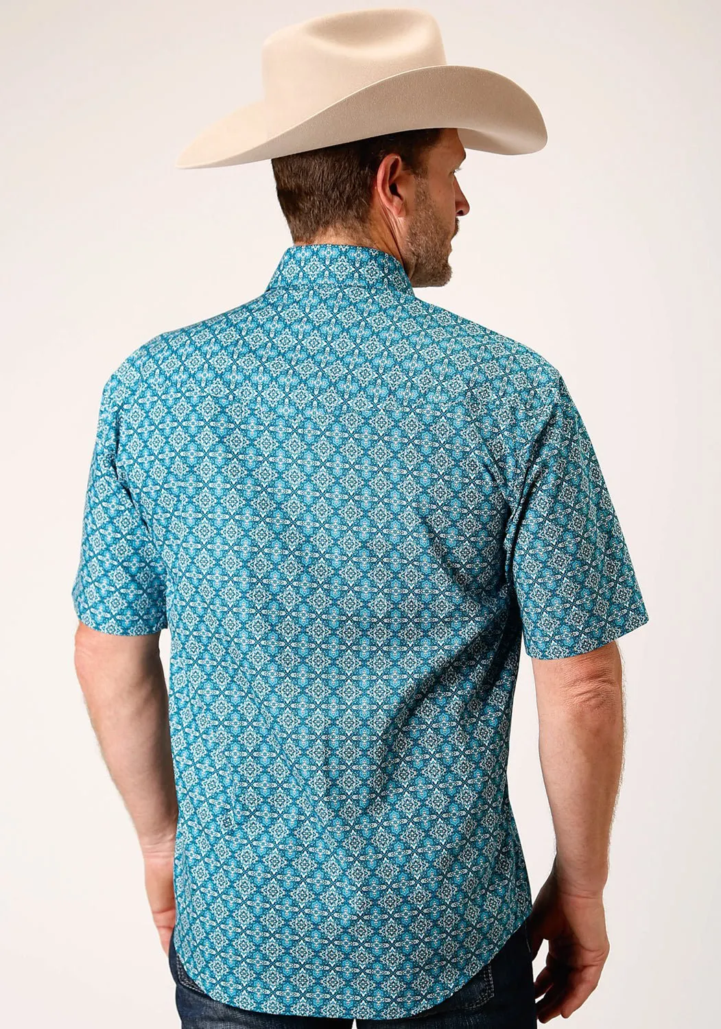 Roper Mens Blue 100% Cotton Victorian Foulard S/S Shirt Flexible Shoulder Construction