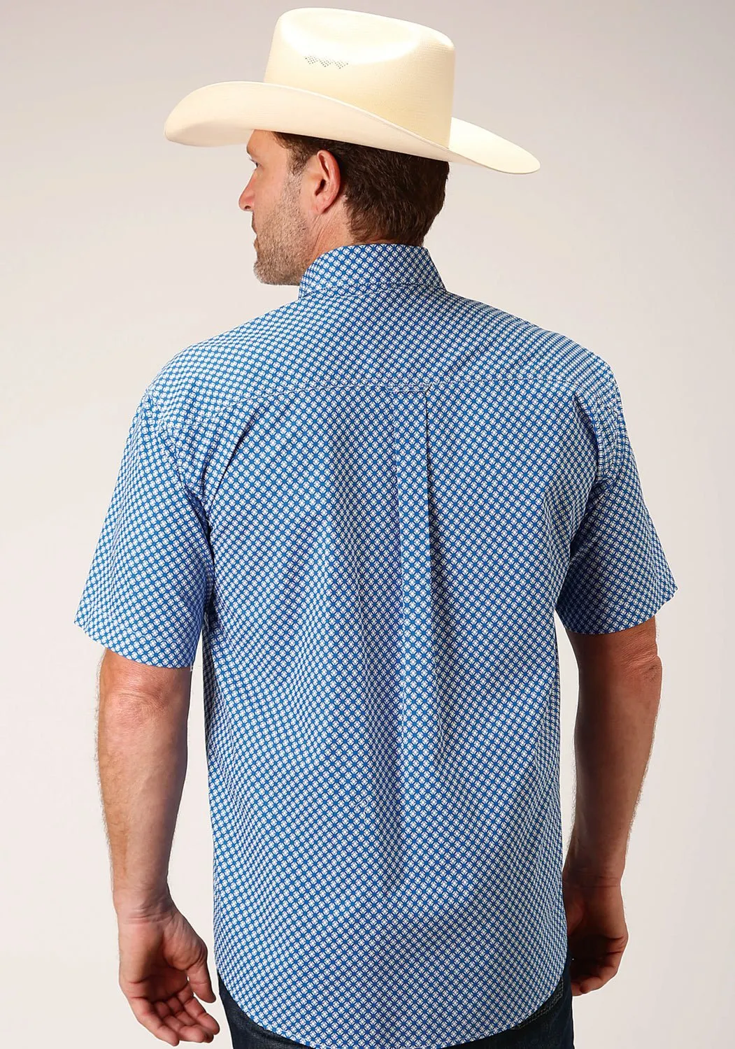 Textured Finish Street Wear Roper Mens Blue Cotton Blend Diamond Star Geo BD S/S 1 Pkt Shirt