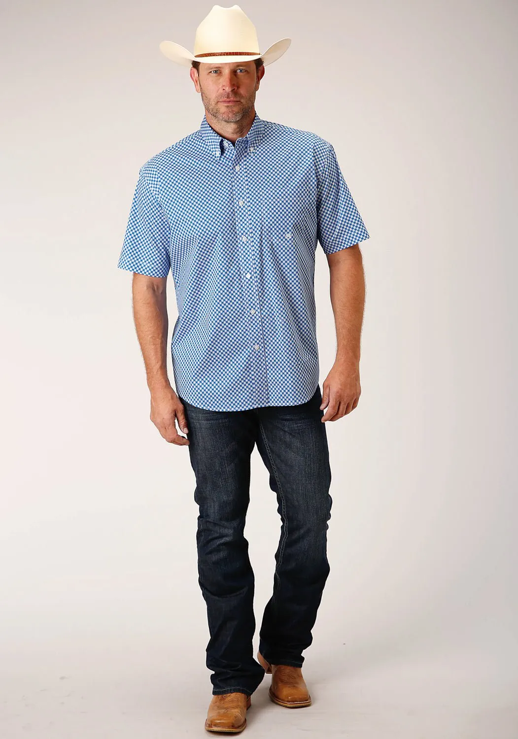 Roper Mens Blue Cotton Blend Diamond Star Geo BD S/S 1 Pkt Shirt Cooling Core Technology