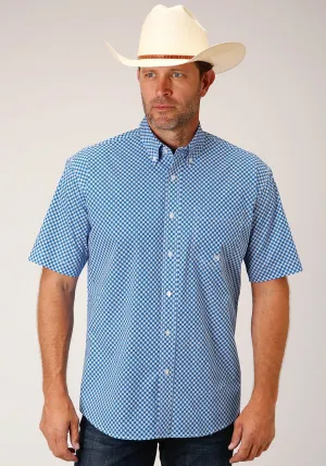 Roper Mens Blue Cotton Blend Diamond Star Geo BD S/S 1 Pkt Shirt Tear Resistant Reinforcements Anti Pilling Treatment Roper Mens Blue Cotton Blend Diamond Star Geo BD S/S 1 Pkt Shirt