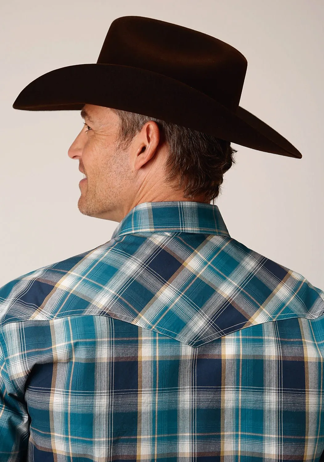 All Purpose Weave Design Minimal Look Roper Mens Blueberry Plaid Purple 100% Cotton L/S Shirt