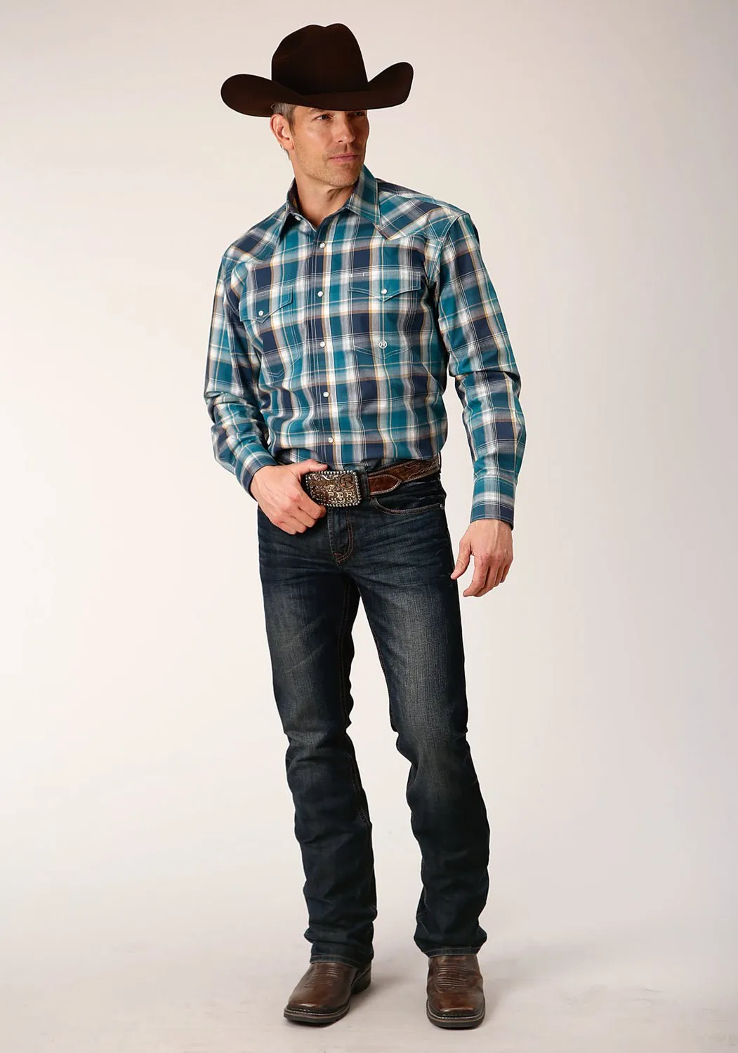 Roper Mens Blueberry Plaid Purple 100% Cotton L/S Shirt Smooth Zipper Design Casual Elegance