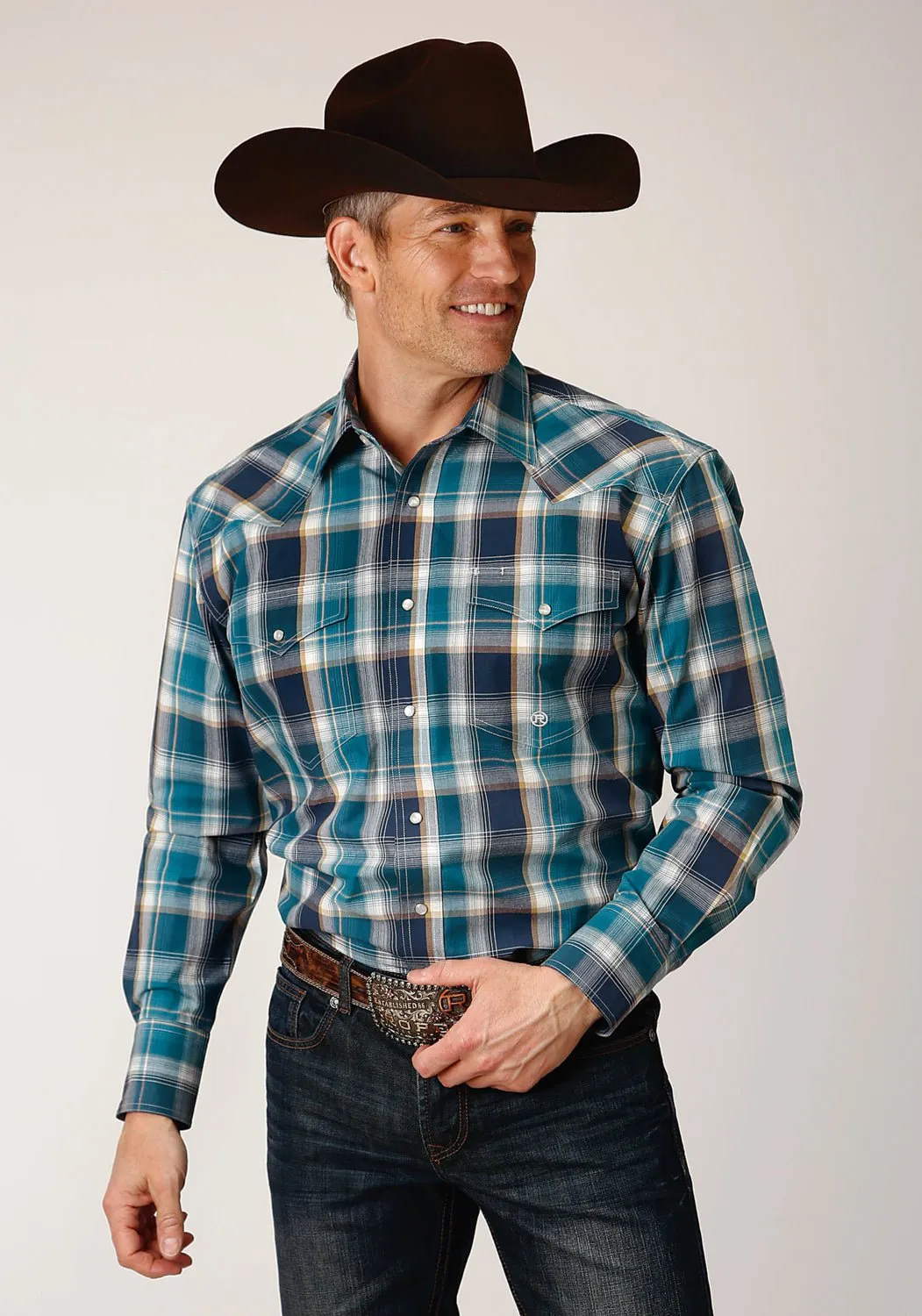 Smooth Stitch Pattern Roper Mens Blueberry Plaid Purple 100% Cotton L/S Shirt