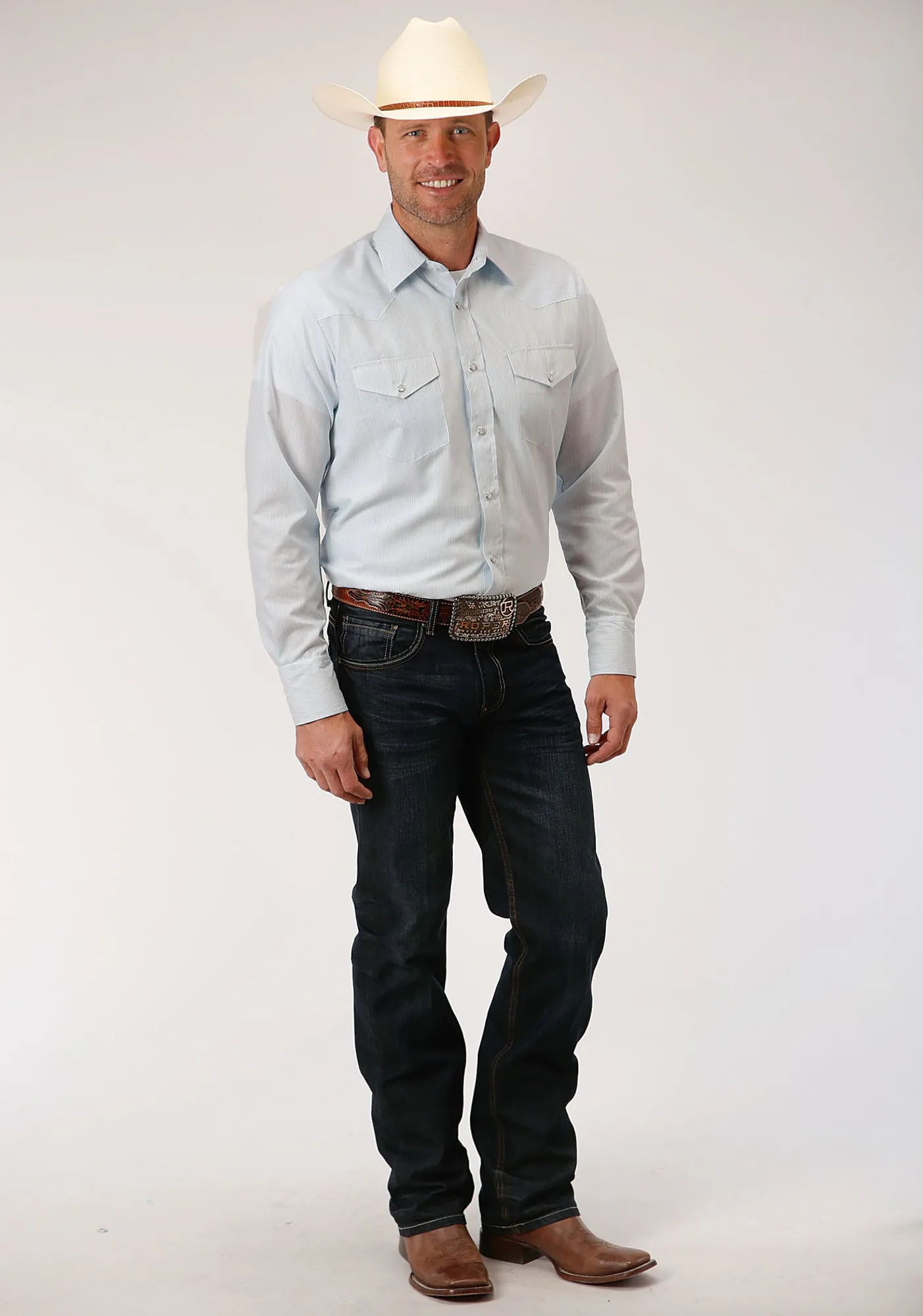 Roper Mens Blue/White Cotton Blend Tiny Stripe L/S Shirt Tailored Cut Structured Shoulder Support