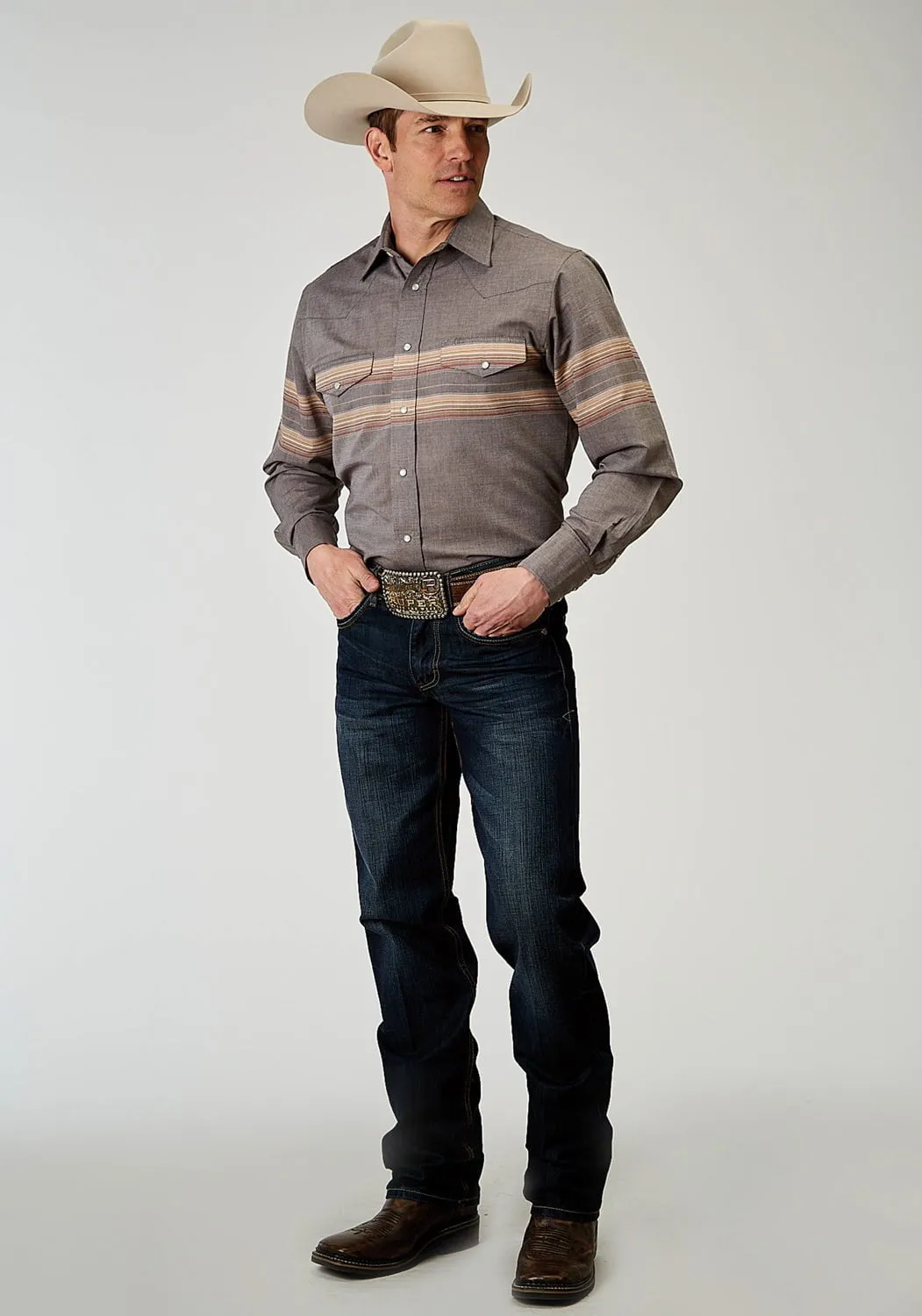 Roper Mens Border Stripe Grey Cotton Blend 55/45 L/S Shirt Fashion Essential UV Protective Fabric