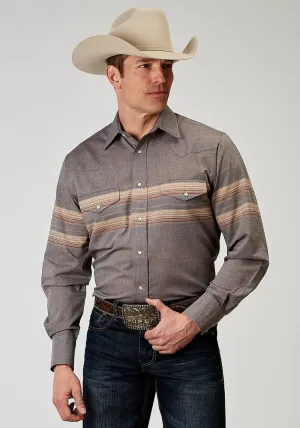 Roper Mens Border Stripe Grey Cotton Blend 55/45 L/S Shirt All-Weather Roper Mens Border Stripe Grey Cotton Blend 55/45 L/S Shirt Cozy Fit