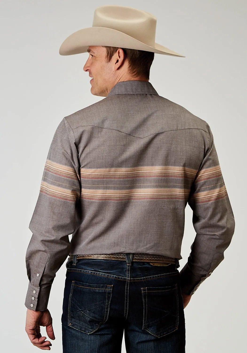 No Bulk Layering System Stretchable Cloth Roper Mens Border Stripe Grey Cotton Blend 55/45 L/S Shirt