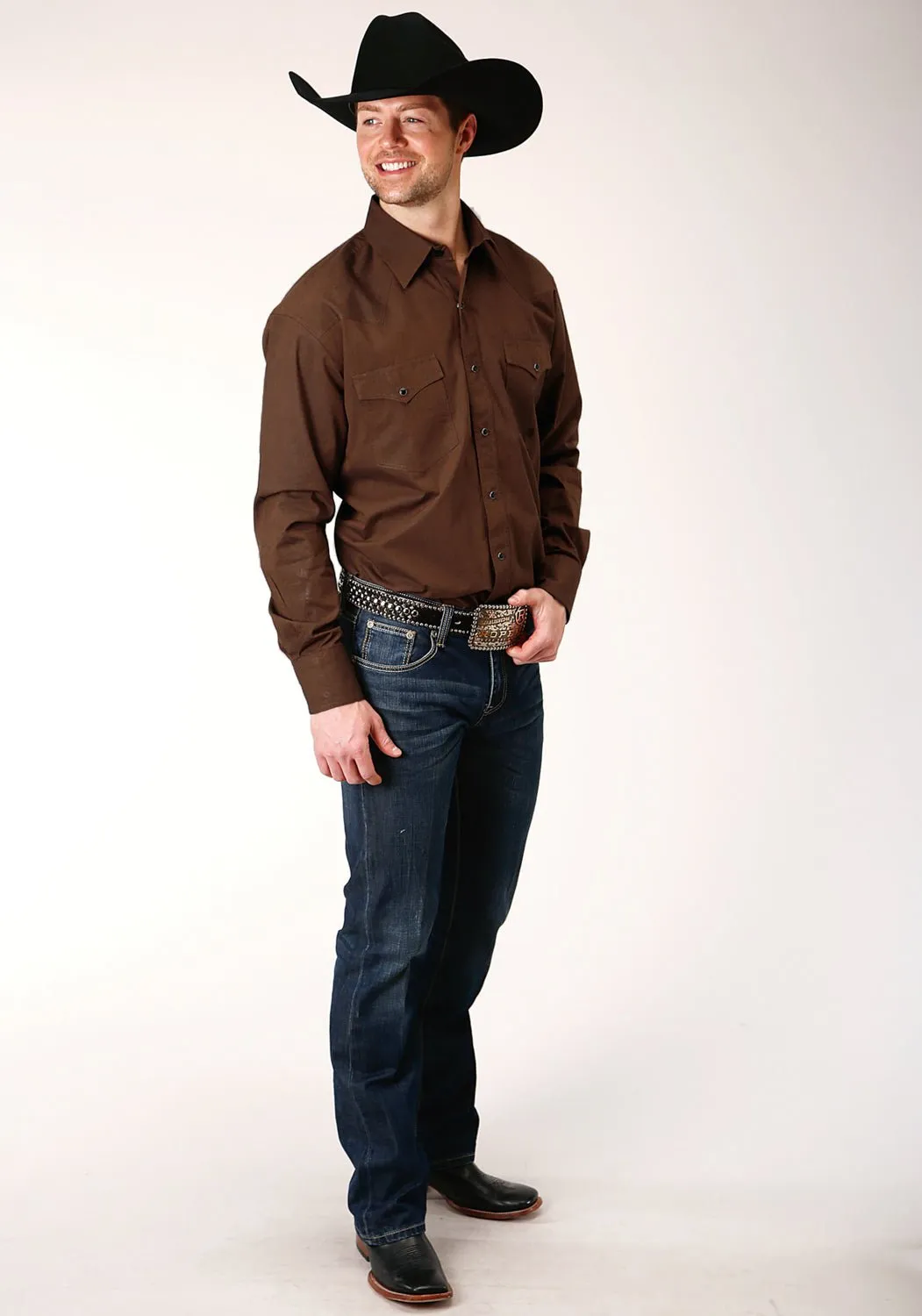 Breathable fabric Roper Mens Brown 100% Cotton Black Fill L/S Snap Shirt