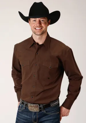 Roper Mens Brown 100% Cotton Black Fill L/S Snap Shirt Hook-And-Loop Shimmer Effect No Slip Shoulder Grips Roper Mens Brown 100% Cotton Black Fill L/S Snap Shirt
